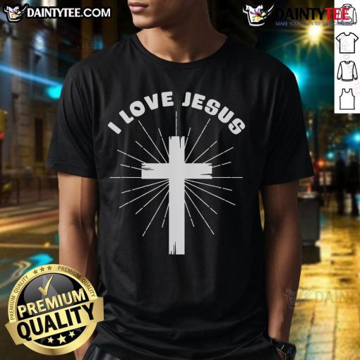 Hot I Love Jesus Cross T-Shirt featuring a bold design with a heart and cross, perfect for expressing faith stylishly.