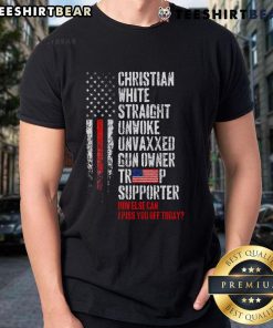 Hot Trump supporter wearing a Christian white unvaxxed T-shirt, showcasing straight and unwoke values in bold design.