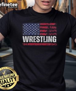 Vintage wrestling t-shirt featuring a hot design of the American flag, perfect for wrestling fans and patriotic supporters.