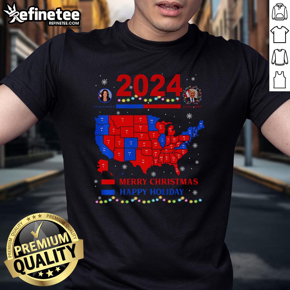 Nice 2024 Electoral Map Merry Christmas Trump Landslide Holiday T Shirt Nice 2024 Electoral Map Christmas T-Shirt featuring Trump landslide design, perfect for holiday celebrations and political events.