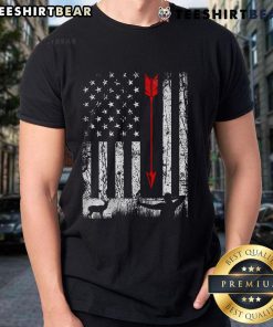Patriotic T-shirt featuring a stylish American flag design for bow hunting enthusiasts, perfect for outdoor adventures.
