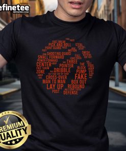 Stylish basketball word art design on a sports t-shirt, perfect for basketball fans and players.