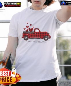 Alt Text: Cute Valentine's Day T-shirt featuring a buffalo red plaid hearts pickup truck design, perfect for festive celebrations.