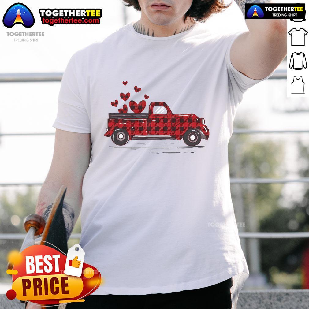 Nice Buffalo Red Plaid Hearts Pickup Truck Cute Valentine'S Day T Shirt Alt Text: Cute Valentine's Day T-shirt featuring a buffalo red plaid hearts pickup truck design, perfect for festive celebrations.