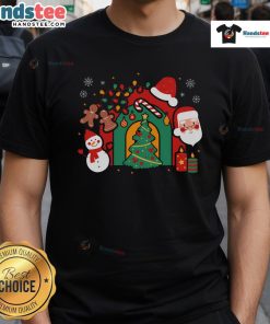 Festive T-shirt featuring a candy cane and holly design, perfect for Merry Christmas and Happy Holidays celebrations.