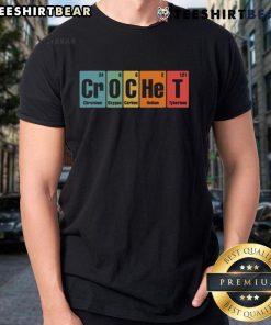 Colorful crochet periodic elements design on a funny chemistry T-shirt, perfect for science lovers and educators.