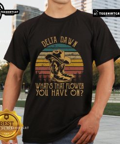 Nice Delta Dawns vintage sunset t-shirt featuring cowboy boots and a floral design, perfect for casual wear.