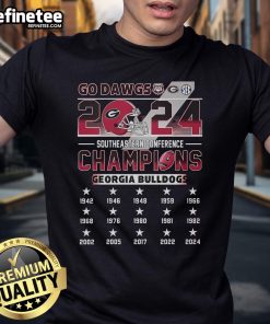 Alt Text: Georgia Bulldogs 2024 Southeastern Conference Champions T-Shirt featuring 'Go Dawgs' slogan in team colors.
