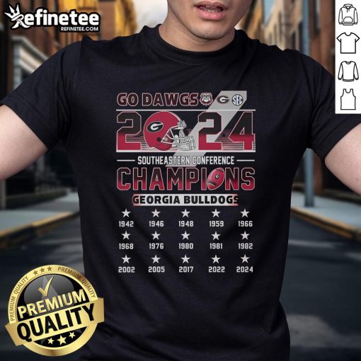 Alt Text: Georgia Bulldogs 2024 Southeastern Conference Champions T-Shirt featuring 'Go Dawgs' slogan in team colors.