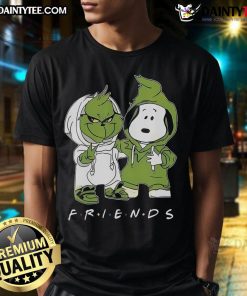 Nice Grinch and Snoopy Friends TV show Christmas T-shirt featuring festive graphics of Grinch and Snoopy in holiday spirit.