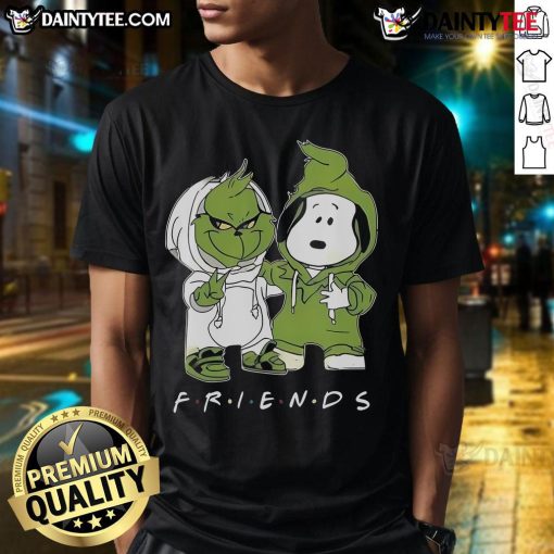 Nice Grinch and Snoopy Friends TV show Christmas T-shirt featuring festive graphics of Grinch and Snoopy in holiday spirit.