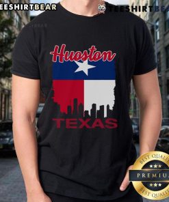 Vintage Houston Texas flag T-shirt featuring the iconic Houston skyline, perfect for city lovers and Texas pride.