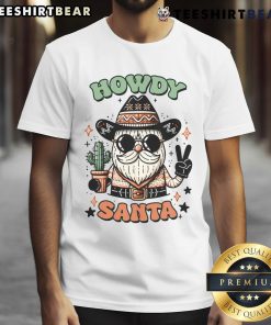Alt Text: Cute cow in Santa costume on 'Nice Howdy Santa Christmas Cow' T-shirt, perfect for festive holiday celebrations.