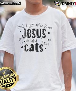 Just a girl who loves Jesus and cats Christian T-Shirt design featuring playful graphics and a heartfelt message.