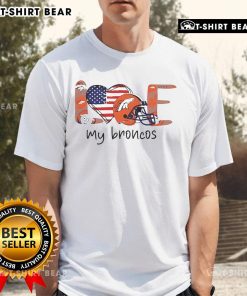 Alt Text: Nice Love My Denver Broncos NFL Helmet Logo T-Shirt featuring vibrant team colors and iconic helmet design.