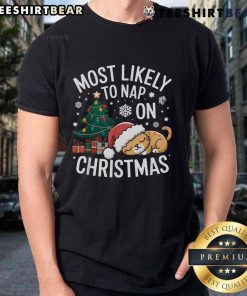 Family wearing 'Most Likely To Nap On Christmas' matching T-shirts, celebrating the holiday spirit in festive style.