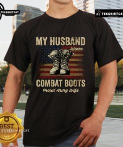 Proud Army Wife T-Shirt featuring 'My Husband Wears Combat Boots' design in bold letters, perfect for military spouses.
