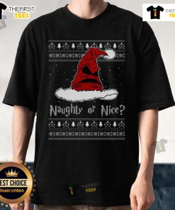 Funny Santa Claus T-shirt featuring 'Naughty or Nice' sorting theme for a quirky Christmas outfit.