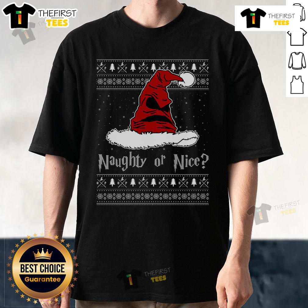 Nice Naughty Or Nice Sorting Santa Claus Ugly Christmas T Shirt Funny Santa Claus T-shirt featuring 'Naughty or Nice' sorting theme for a quirky Christmas outfit.