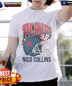 Nice Nico Collins 2024 Playoffs Helmet T-Shirt featuring a bold design perfect for football fans and playoff enthusiasts.