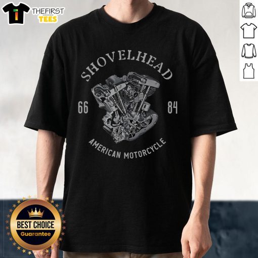 Alt Text: Vintage retro T-shirt featuring a classic HD motorcycle V-twin Shovelhead engine design for bike enthusiasts.