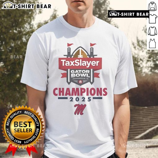 Alt Text: 2025 Ole Miss Football TaxSlayer Gator Bowl Champions T-Shirt featuring team colors and logo design.