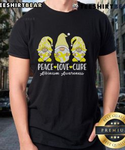 Nice Peace Love Cure Albinism Cancer Awareness Ribbon Gnomies T-Shirt featuring vibrant designs promoting awareness and support.