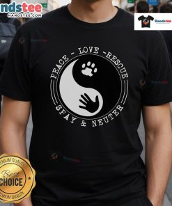 Nice Peace Love Rescue Spay And Neuter T-Shirt featuring a vibrant design promoting animal welfare and spaying/neutering pets.