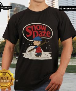 Alt Text: Nice Peanuts Linus Snow Daze T-Shirt featuring Linus in winter attire surrounded by snowflakes and a festive design.
