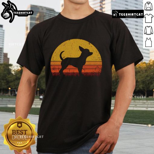 Nice retro Chihuahua dog silhouette against a sunset on a stylish t-shirt, perfect for dog lovers and vintage fashion fans.