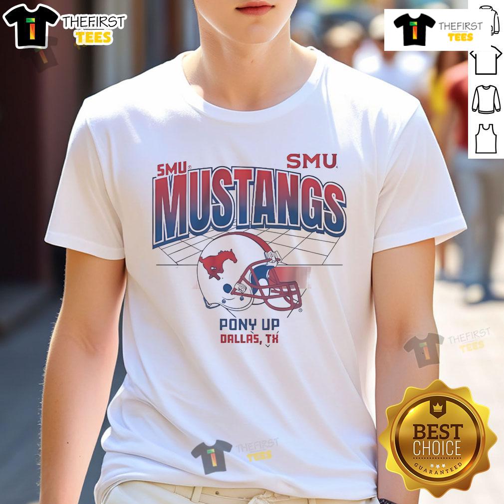 Nice Smu Football Mustangs Pony Up Dallas Th Helmet Grid T Shirt Nice SMU Football Mustangs 'Pony Up' Dallas T-shirt featuring a helmet graphic on a grid design.