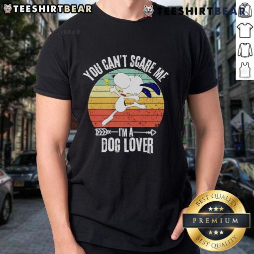 Alt Text: Retro Snoopy You Can't Scare Me I'm A Dog Lover T-Shirt featuring a playful design for dog lovers.