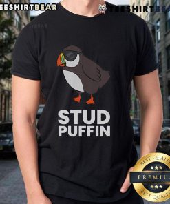 Colorful 'Nice Stud Puffin Seabird Muffin' T-shirt featuring a playful puffin bird design, perfect for nature lovers.