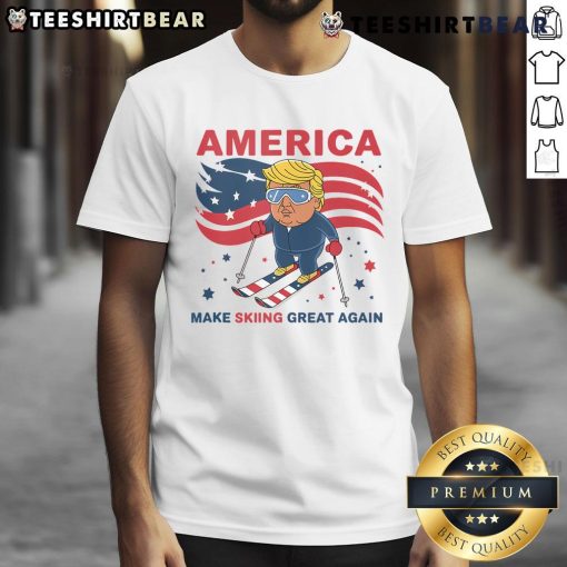 Nice USA Apres Ski 'Make Skiing Great Again' Donald Trump T-Shirt featuring bold text and winter sports theme.