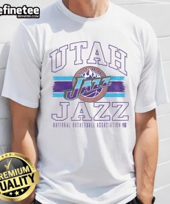 Nice Utah Jazz striped logo lockup slub T-shirt featuring vibrant team colors and a stylish design for fans.