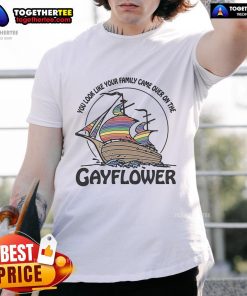 Funny 'Nice You Look Like Your Family Came Over On The Gayflower' T-Shirt showcasing vibrant colors and playful design.