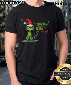 Cat wearing 'Meowy Christmas' T-shirt in festive setting, perfect for holiday celebrations and cat lovers.
