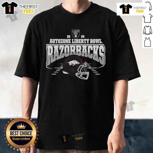 Alt Text: Official 2024 Autozone Liberty Bowl Arkansas Razorbacks Helmet T-Shirt featuring team logo and vibrant colors.