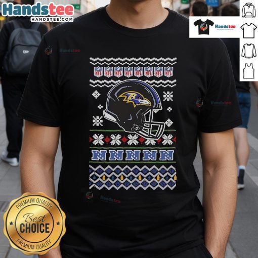 Official Baltimore Ravens NFL Football Christmas Helmet T-Shirt featuring festive design and team logo for holiday spirit.