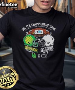 Alt Text: Official Big Ten Football Championship T-Shirt featuring Oregon Ducks and Penn State Nittany Lions helmets.