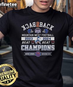Official Boise State Broncos Back2Back Mountain West Football Champions 2024 T-Shirt featuring team logo and championship design.