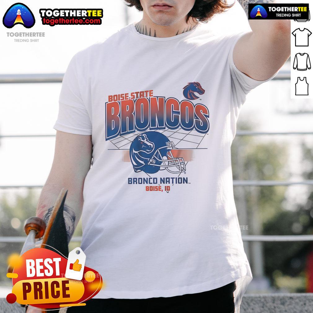 Official Boise State Broncos Bronco Nation Boise Id Football Helmet Grid T-Shirt Alt Text: Official Boise State Broncos Bronco Nation football helmet grid t-shirt featuring vibrant team colors and logo.