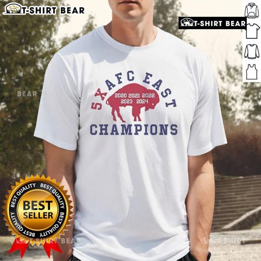 Alt Text: Official Buffalo Bills 5X AFC East Champions T-Shirt featuring team colors and logo, perfect for fans celebrating victory.