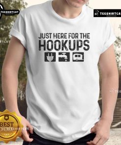 Official Camping RV Caravan Motorhome T-Shirt featuring 'Just Here For The Hookups' slogan, perfect for outdoor enthusiasts.