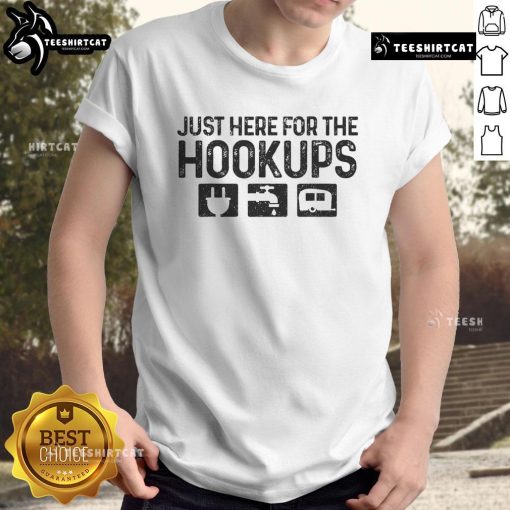 Official Camping RV Caravan Motorhome T-Shirt featuring 'Just Here For The Hookups' slogan, perfect for outdoor enthusiasts.