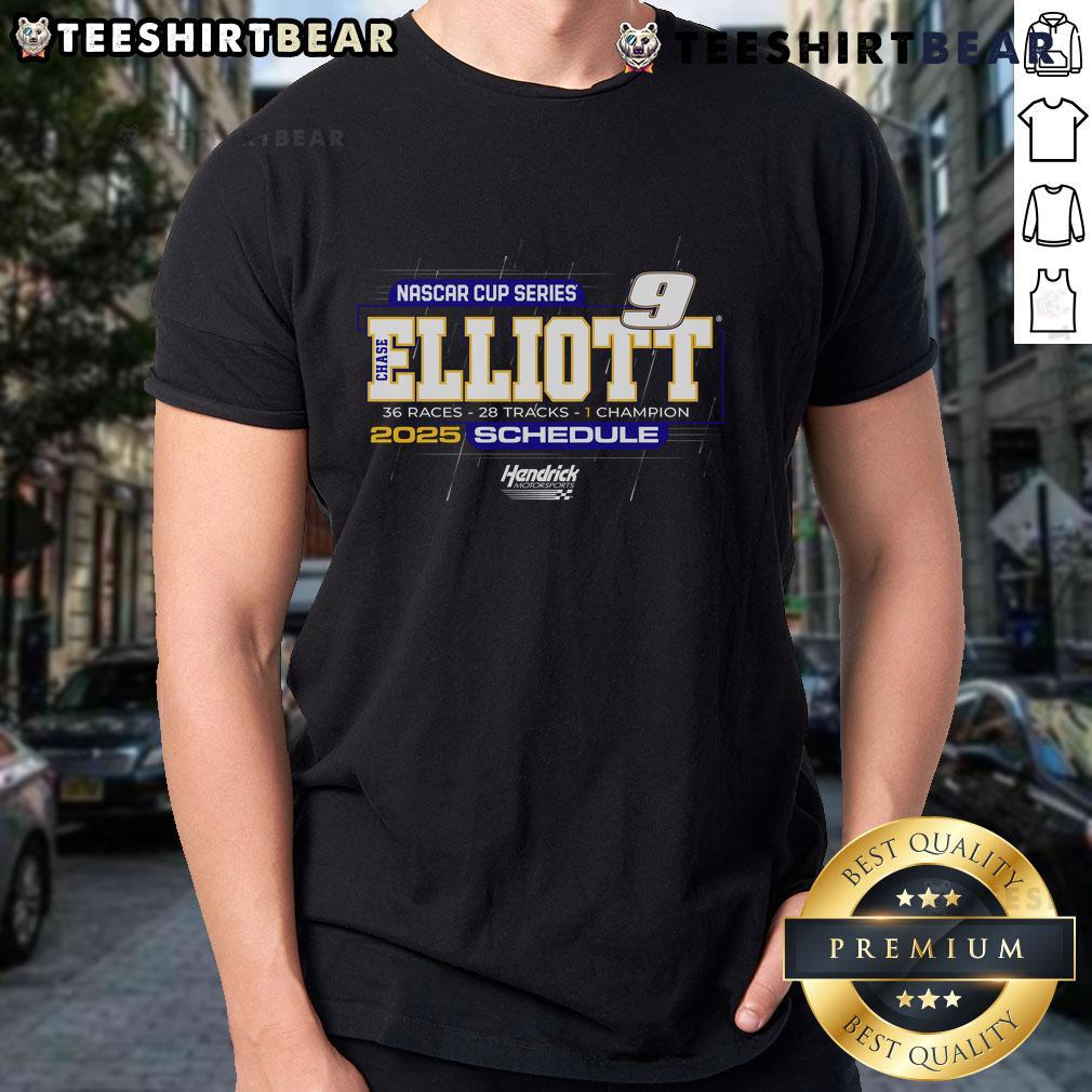 Official Chase Elliott Hendrick Motorsports Team Collection 2025 NASCAR Cup Series Schedule T-Shirt Alt Text: Official Chase Elliott Hendrick Motorsports T-Shirt featuring the 2025 NASCAR Cup Series schedule, perfect for fans.