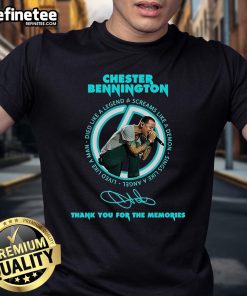 Official Chester Bennington Signature Thank You For The Memories T-Shirt featuring iconic design and tribute to the legendary artist.