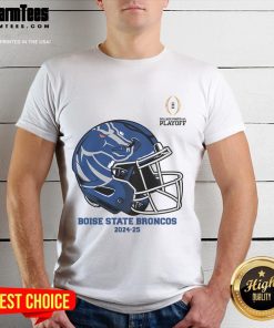 Official College Football Playoff 2025 Boise State Broncos Helmet T-Shirt featuring team colors and logo design.