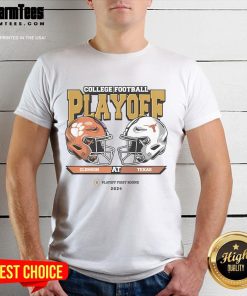 Official College Football Playoff 2025 Clemson at Texas First Round T-Shirt featuring team logos and playoff graphics.