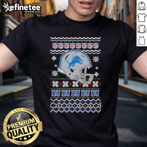 Official Detroit Lions NFL football Christmas helmet T-shirt featuring festive design for fans celebrating the holiday season.